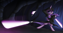 Size: 2800x1500 | Tagged: safe, artist:shido-tara, character:starlight glimmer, alternate hairstyle, cave, crossover, darkness, darth traya, knights of the old republic, lightsaber, pigtails, sith, star wars, star wars: the old republic, twintails, weapon
