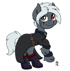 Size: 1280x1291 | Tagged: safe, artist:dawn-designs-art, oc, oc only, oc:steven allen fischer, species:earth pony, species:pony, boots, clothing, coat, digital art, gray coat, male, rearing, red eye, scar, shoes, silver eyes, silver mane, simple background, solo, stallion, transparent background