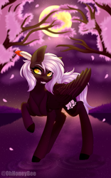 Size: 1560x2500 | Tagged: safe, artist:ohhoneybee, oc, oc:cloudy night, species:pegasus, species:pony, cherry blossoms, female, flower, flower blossom, mare, moon, solo