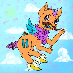 Size: 1280x1291 | Tagged: safe, artist:dawn-designs-art, oc, oc:hoofs, species:alicorn, species:pony, abomination, april fools 2020, banana, cloud, deviantart, food, i'm so sorry, i'm sorry, looking at you, male, sky, snail, solo, stallion