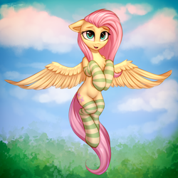 Size: 3000x3000 | Tagged: safe, artist:setharu, character:fluttershy, species:pegasus, species:pony, adorkable, art, chest fluff, clothing, cute, dork, female, flying, looking at you, mare, semi-anthro, shyabetes, socks, solo, spread wings, striped socks, thigh highs, wings
