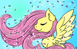 Size: 1920x1229 | Tagged: safe, artist:dawn-designs-art, character:fluttershy, species:pegasus, species:pony, calm, female, leaves, petals, solo, wind, windswept mane