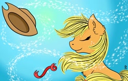 Size: 3000x1920 | Tagged: safe, artist:dawn-designs-art, character:applejack, species:earth pony, species:pony, breeze, calm, clothing, female, hat, ribbon, solo, wind, windswept mane