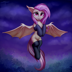 Size: 3000x3000 | Tagged: safe, alternate version, artist:setharu, character:flutterbat, character:fluttershy, species:bat pony, species:pony, g4, adorkable, bat ponified, bat wings, chest fluff, clothing, cute, dork, female, flying, high res, looking at you, mare, race swap, semi-anthro, shyabates, shyabetes, socks, solo, spread wings, thigh highs, wings