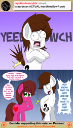 Size: 1769x3072 | Tagged: safe, artist:aarondrawsarts, oc, oc:brain teaser, oc:rose bloom, species:earth pony, species:pony, ask, ask brain teaser, biting, brainbloom, butt bite, literal butthurt, ouch, pain, tumblr