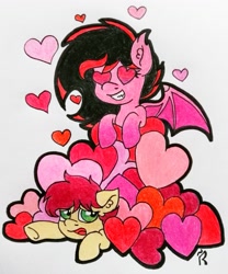 Size: 3041x3649 | Tagged: oc needed, safe, artist:dawn-designs-art, oc, oc only, species:bat pony, species:earth pony, species:pony, bat pony oc, bat wings, crushing, heart, heart eyes, holiday, love, pile, traditional art, valentine's day, wingding eyes, wings
