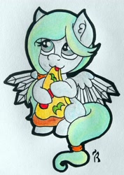 Size: 2850x4020 | Tagged: oc needed, safe, artist:dawn-designs-art, base used, oc, oc only, species:pegasus, species:pony, crystal wings, cute, eating, food, pizza, sitting, solo, traditional art, wings