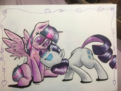 Size: 1280x960 | Tagged: safe, artist:kittyhawk-contrail, character:rarity, character:twilight sparkle, character:twilight sparkle (alicorn), species:alicorn, species:pony, species:unicorn, fanfic:the enchanted kingdom, fanfic:the enchanted library, ship:rarilight, border, copic, cuddling, eyes closed, fanfic art, female, heart, jewelry, lesbian, necklace, nuzzling, photo, scar, shipping, traditional art