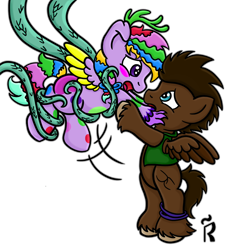 Size: 1000x1000 | Tagged: safe, artist:dawn-designs-art, oc, oc:bumper, oc:rainbow coral, species:pegasus, species:pony, abduction, digital art, foalnapping, frightened, kidnapped, monster, scared, tentacles