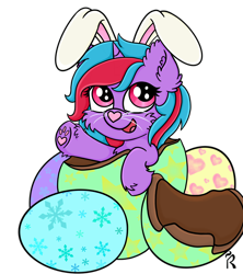 Size: 2000x2250 | Tagged: safe, artist:dawn-designs-art, oc, oc only, oc:cosmic spark, species:pony, species:unicorn, animal costume, bunny costume, bunny ears, chocolate, chocolate egg, clothing, costume, cute, digital art, easter, easter egg, food, happy, holiday, simple background, solo, transparent background, waving