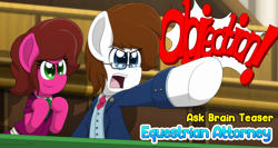 Size: 3000x1600 | Tagged: safe, artist:aarondrawsarts, oc, oc:brain teaser, oc:rose bloom, species:earth pony, species:pony, ace attorney, ask brain teaser, brainbloom, clothing, glasses, lawyer, objection, pointing, shout, suit, tumblr