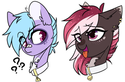 Size: 1621x1070 | Tagged: safe, artist:cloud-fly, oc, oc only, oc:jiko, oc:rossalite, species:pony, bell, bell collar, blushing, bust, collar, female, male, mare, portrait, simple background, stallion, transparent background