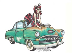 Size: 1015x787 | Tagged: safe, artist:sketchywolf-13, oc, oc only, species:anthro, species:pony, species:unguligrade anthro, species:unicorn, anthro oc, car, chevrolet bel air, clothing, commission, dress, female, horn, looking at you, mare, pinup, rust, simple background, solo, traditional art, white background