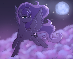 Size: 2995x2411 | Tagged: safe, artist:fluffymaiden, character:princess luna, species:alicorn, species:pony, cloud, cute, ear fluff, female, flying, full moon, high res, lunabetes, mare, moon, night, sky, solo, spread wings, starry night, stars, wings