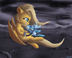 Size: 2500x2000 | Tagged: safe, artist:shido-tara, oc, oc only, oc:psychoshy, parent:fluttershy, species:pegasus, species:pony, fallout equestria, fallout equestria: project horizons, cloud, dark clouds, electricity, fanfic art, female, grin, high res, mare, offspring, power hoof, smiling, solo, wasteland