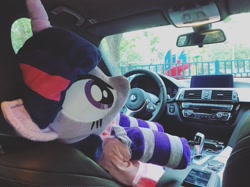 Size: 1201x900 | Tagged: safe, artist:epicrainbowcrafts, character:twilight sparkle, bmw, car, clothing, dress, irl, photo, plushie, russia, socks, solo, striped socks
