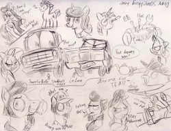 Size: 1024x785 | Tagged: safe, artist:sketchywolf-13, character:rarity, character:twilight sparkle, oc, species:crab, species:earth pony, species:griffon, species:pony, species:unicorn, car, clothing, hat, horn, monochrome, sketch, sketch dump, traditional art, vulgar