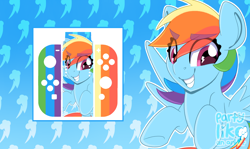 Size: 3978x2373 | Tagged: safe, artist:partylikeanartist, character:rainbow dash, species:pegasus, species:pony, controller, female, gradient background, joycon, nintendo, nintendo switch, simple background, solo, switch, wingding eyes