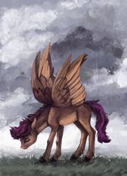Size: 1500x2087 | Tagged: safe, artist:weird--fish, character:scootaloo, species:pegasus, species:pony, cloud, cloudy, female, rain, sad, solo, spread wings, wings