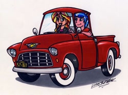 Size: 1024x762 | Tagged: safe, artist:sketchywolf-13, character:sunset shimmer, oc, species:human, my little pony:equestria girls, canon x oc, chevrolet, commission, driving, duo, female, male, palindrome get, pickup truck, simple background, straight, traditional art, white background