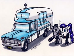 Size: 1024x772 | Tagged: safe, artist:sketchywolf-13, character:rarity, oc, oc:sketchy, species:earth pony, species:pony, species:unicorn, camper, cigarette, clothing, cutie mark, female, ford, ford f-150, horn, male, mare, pickup truck, simple background, smoking, stallion, traditional art, white background