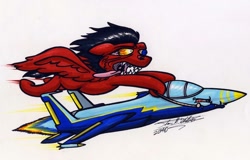 Size: 1024x654 | Tagged: safe, artist:sketchywolf-13, oc, oc only, species:pegasus, species:pony, bloodshot eyes, commission, jet, jet fighter, male, plane, rat fink, sharp teeth, simple background, solo, stallion, teeth, tongue out, traditional art, white background, wings