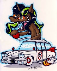 Size: 1024x1282 | Tagged: safe, artist:sketchywolf-13, oc, oc only, species:pony, species:unicorn, 59 cadillac, ambulance, bloodshot eyes, cadillac, car, commission, ecto-1, female, fire, ghostbusters, horn, mare, rat fink, sharp teeth, simple background, smoke, solo, station wagon, teeth, traditional art, white background