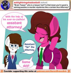 Size: 1280x1318 | Tagged: safe, artist:aarondrawsarts, oc, oc:brain teaser, oc:rose bloom, species:earth pony, species:pony, ace attorney, ask, ask brain teaser, brainbloom, clothing, female, glasses, lawyer, male, oc x oc, reference, shipping, skirt, straight, suit, the office, tumblr