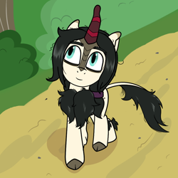 Size: 900x900 | Tagged: safe, artist:scraggleman, oc, oc only, oc:floor bored, species:kirin, chest fluff, cloven hooves, curved horn, female, horn, mare, outdoors, smiling, solo, species swap, walking