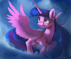 Size: 3527x2931 | Tagged: safe, artist:auroriia, character:twilight sparkle, character:twilight sparkle (alicorn), species:alicorn, species:pony, cloud, female, high res, mare, open mouth, solo, spread wings, wings