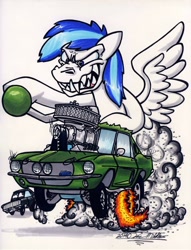 Size: 1024x1338 | Tagged: safe, artist:sketchywolf-13, oc, oc only, unnamed oc, species:pegasus, species:pony, blower, cars (pixar), chevrolet, chevrolet camaro, commission, fangs, fire, ford, ford mustang, gasser, male, rat fink, sharp teeth, shelby, simple background, smoke, solo, stallion, supercharger, teeth, traditional art, white background, wings