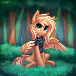 Size: 2160x2160 | Tagged: safe, artist:setharu, oc, oc only, oc:mirta whoowlms, species:pegasus, species:pony, clothing, collar, cute, female, forest, mare, scarf, sitting, solo, tree, wings