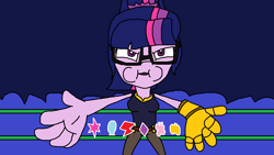 Size: 1254x708 | Tagged: safe, artist:logan jones, character:twilight sparkle, character:twilight sparkle (scitwi), species:eqg human, my little pony:equestria girls, beatboxing, boxing ring, cartoon beatbox battles, clothing, cosplay, costume, element of generosity, element of honesty, element of kindness, element of laughter, element of loyalty, element of magic, elements of harmony, female, glasses, infinity gauntlet, meme, puffy cheeks, scratch it, thanos, thanos beatboxing meme, verbalase