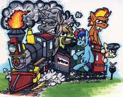 Size: 1024x805 | Tagged: safe, artist:sketchywolf-13, oc, oc only, species:earth pony, species:pony, species:unicorn, clothing, commission, cutie mark, fire, hat, horn, male, rat fink, sharp teeth, smoke, stallion, teeth, traditional art, train
