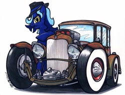 Size: 1024x777 | Tagged: safe, artist:sketchywolf-13, oc, oc only, species:earth pony, species:pony, car, clothing, ford, ford model a, hat, hot rod, looking at you, male, simple background, solo, stallion, traditional art, white background, white walls