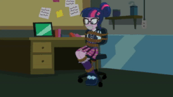 Size: 1280x720 | Tagged: dead source, safe, artist:radiantrealm, artist:sonicrock56, character:twilight sparkle, character:twilight sparkle (scitwi), species:eqg human, equestria girls:friendship games, g4, my little pony: equestria girls, my little pony:equestria girls, animated, bondage, bound, bound and gagged, chair, clothing, commission, crystal prep academy, crystal prep academy uniform, crystal prep shadowbolts, damsel in distress, eye shimmer, female, gag, glasses, high heels, high res, kidnapped, muffled words, office chair, pleated skirt, rope, rope bondage, ropes, school uniform, shoes, show accurate, sitting, skirt, socks, solo, sound, struggling, tape, tape gag, tied to chair, tied up, webm