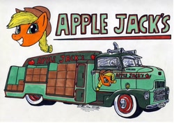 Size: 946x670 | Tagged: safe, artist:sketchywolf-13, character:applejack, bust, grin, portrait, smiling, traditional art, truck