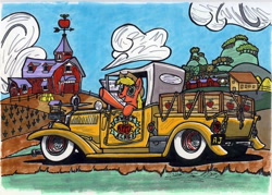 Size: 1154x824 | Tagged: safe, artist:sketchywolf-13, character:applejack, crate, female, ford, ford model t, hot rod, smiling, solo, sweet apple acres, traditional art, truck, waving