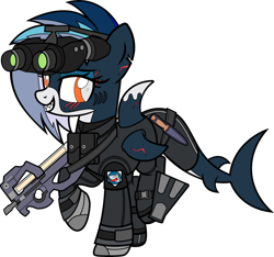Size: 7000x6563 | Tagged: safe, artist:icey-wicey-1517, artist:n0kkun, edit, oc, oc only, oc:sea strike, species:pony, bedroom eyes, bodysuit, boots, clothing, collaboration, color edit, colored, dynamite, explosives, eye scar, fangs, female, flippers, fn p90, gills, gloves, goggles, gun, knife, mare, mouth hold, multicolored hair, night vision goggles, original species, p90, patch, pouch, raised hoof, raised leg, scar, shark, shark pony, shark teeth, shoes, simple background, solo, straps, submachinegun, tnt, transparent background, uniform, weapon, wetsuit