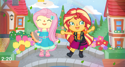 Size: 4630x2500 | Tagged: safe, artist:invisibleink, character:fluttershy, character:sunset shimmer, g4, my little pony: equestria girls, my little pony:equestria girls, animal crossing, animal crossing: new horizons, bridge, chibi, clothing, cute, duo, flower, house, musical instrument, rainbow, shimmerbetes, shoes, shyabetes, tambourine, villager