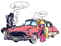 Size: 1024x770 | Tagged: safe, artist:sketchywolf-13, oc, oc only, oc:sketchy, unnamed oc, species:earth pony, species:pony, car, cigarette, clothing, dialogue, dress, female, hudson hornet, male, mare, simple background, smoking, speech bubble, stallion, text, traditional art, white background