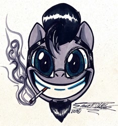 Size: 1024x1095 | Tagged: safe, artist:sketchywolf-13, oc, oc only, species:earth pony, species:pony, cigarette, facial hair, goatee, male, simple background, smile hd, smiley face, smiling, smiling at you, smoke, solo, stallion, traditional art, white background