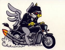 Size: 1024x798 | Tagged: safe, artist:sketchywolf-13, oc, oc only, species:griffon, clothing, commission, fire, goggles, griffon oc, harley davidson, helmet, male, motorcycle, riding, simple background, smoke, solo, tail, traditional art, white background, wings