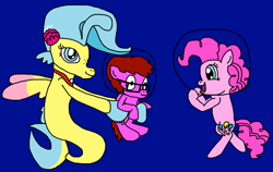 Size: 1261x796 | Tagged: safe, artist:logan jones, character:pinkie pie, character:princess skystar, oc, oc:logan berry, species:pony, species:seapony (g4), ship:skypie, my little pony: the movie (2017), babysitting, bubble helmet, bubble on head, colt, cute, female, happy, helmet, holding a pony, lesbian, male, open mouth, shipping, underwater
