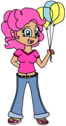 Size: 488x934 | Tagged: safe, artist:logan jones, character:pinkie pie, species:human, balloon, belly button, breasts, clothing, feet, female, flip-flops, humanized, jeans, midriff, nail polish, pants, simple background, transparent background