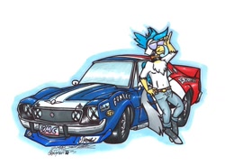 Size: 1024x750 | Tagged: safe, artist:sketchywolf-13, oc, species:anthro, species:griffon, species:unguligrade anthro, amc, amc javelin, beak, car, clothing, commission, griffon oc, male, pants, pose, racecar, simple background, solo, sunglasses, tail, traditional art, white background