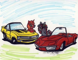 Size: 1024x789 | Tagged: safe, artist:sketchywolf-13, oc, oc only, species:earth pony, species:pony, species:unicorn, car, chevrolet, chevrolet camaro, chevrolet corvette, commission, duo, horn, male, stallion, traditional art