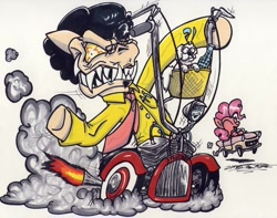 Size: 1024x808 | Tagged: safe, artist:sketchywolf-13, character:pinkie pie, species:earth pony, species:pony, bloodshot eyes, car, commission, driving, fire, nash metropolitan, rat fink, riding, sharp teeth, simple background, smoke, teeth, traditional art, vehicle, white background