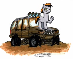Size: 1024x824 | Tagged: safe, artist:sketchywolf-13, oc, oc only, species:earth pony, species:pony, commission, cutie mark, jeep, jeep grand cherokee, male, mud, simple background, solo, stallion, suv, traditional art, vehicle, white background