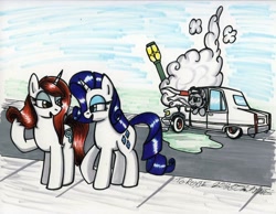Size: 1024x796 | Tagged: safe, artist:sketchywolf-13, character:rarity, oc, oc:autumn snow, oc:roxie, oc:sketchy, species:earth pony, species:pony, species:unicorn, accident, bull horns, cadillac, cadillac deville, car, crash, cutie mark, distracted by the sexy, female, horn, looking at someone, male, mare, stallion, traditional art